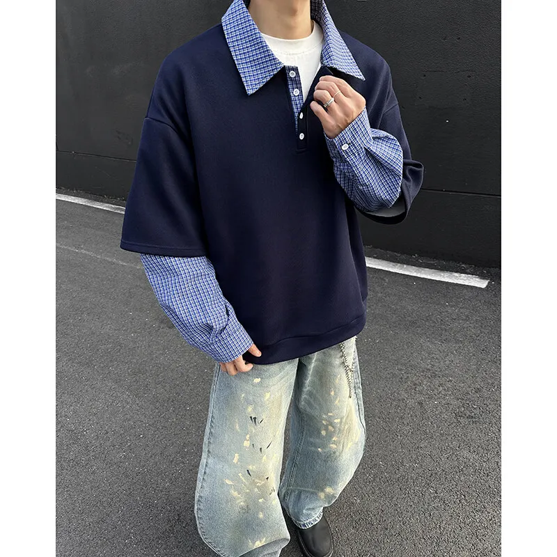 

Fake Two-piece Henry Collar Sweater Men's 2025 Spring New Plaid Splicing Long-sleeved Pullover Tops Street Trend Male Clothing