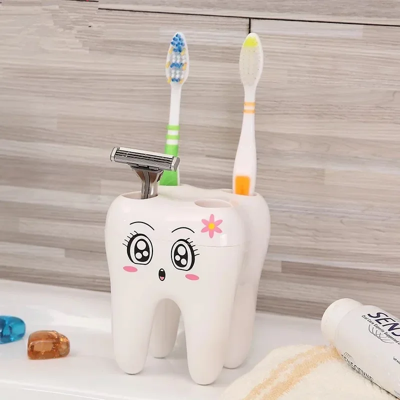 Home Cute Storage Holder Brush Rack Cartoon Teeth Shape Bathroom Suppies 4 Holes Shaving Toothbrush Holder Stand