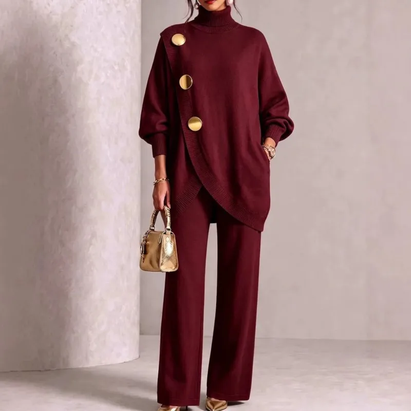 Women Long Pants Set Irregular Hem Sweater Top With Decorative Metal Buttons Loose Wide Leg Elegant Casual Unique Long Pants Set