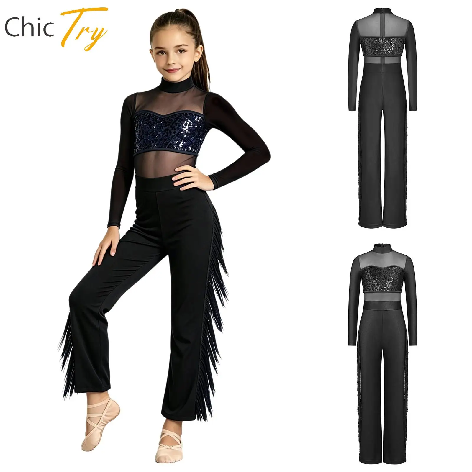 Kids Girls Latin Jazz Dance Jumpsuit Shiny Sequin Tassel Ballet Jersey Dance Jumpsuit Long Sleeve Full Length Bodysuit Dancewear