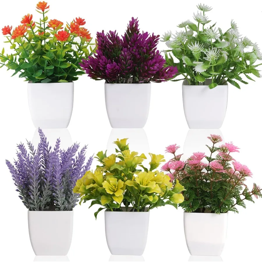 

6pcs Artificial Pot Flowers Small Fake Plants with Pot Mini Potted Plants for House Office Tabletop Dration