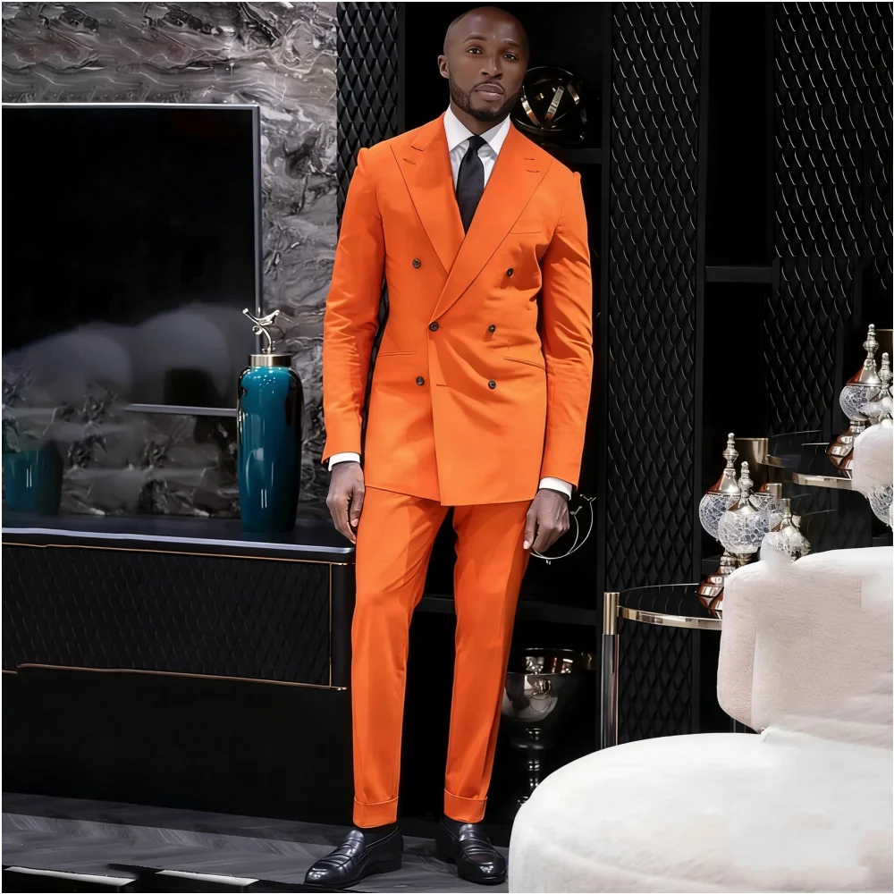 

Orange Men Suits 2 Pieces Full Sets Custom Double Breasted Peaked Lapel Regular Length Groom Prom Dress Outfits Jacket Pants