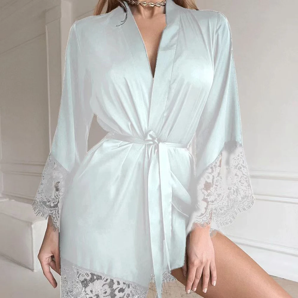 

Lady Nightgown With Belt Hollow Lace Cuffs And Hem V Neck Cardigan Satin Tight Waist Homewear Nightgown Fall Spring Sleepwear