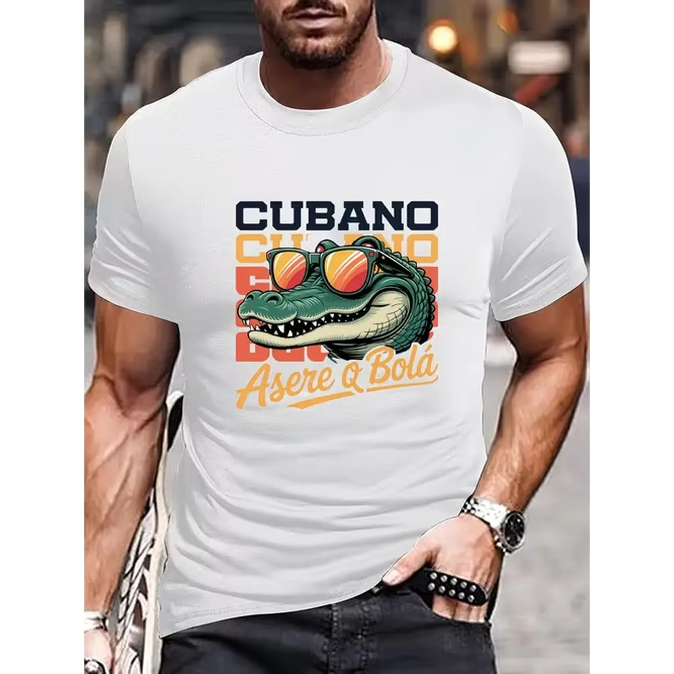 Camiseta Gráfica de Cocodrilo Cubano para Hombre con Estampado Q, Camiseta Ligera de Cuello Redondo para Verano y Playa, Ropa Casual Lavable a Máquina