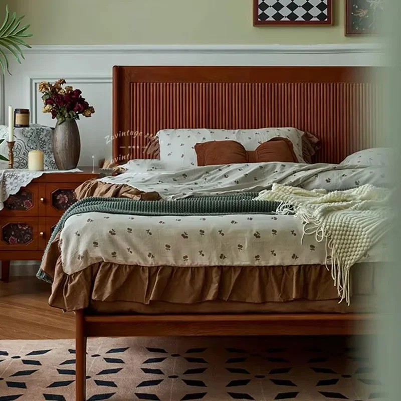 #Vintage House Luxury Double Bed Headboard Queen Big Bedroom Bed King Adults Compact Sleeping Letto Matrimoniale Home Furniture