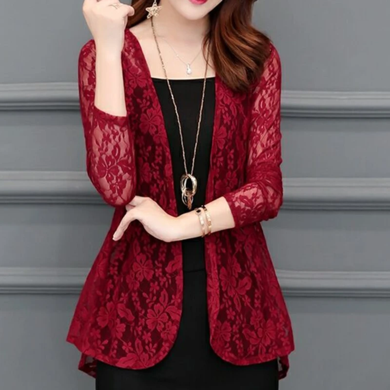 Women Summer Hollow Cardigan Shirt Sunproof Blouse Boho Tops Beach Lace Chiffon Sunscreen Outwear Long Sleeve Casual Shirt Coat