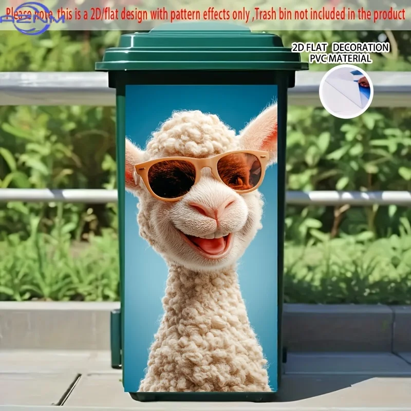 1pc 2D/FLAT Self-Adhesive Dustbin Sticker, , Stylish Alpaca with Fashion Glasses Design, Perfect for Trash Bins, Walls & Kitch