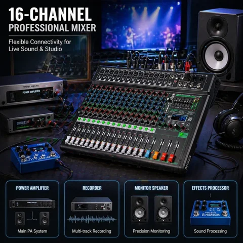 NXG XF16 16 Channel Professional Audio Mixer, DJ Sound Board Mixing Console with USB Audio Interface, 48V Phantom Power, DSP Effects, 3-Band EQ for Live Stage Recording