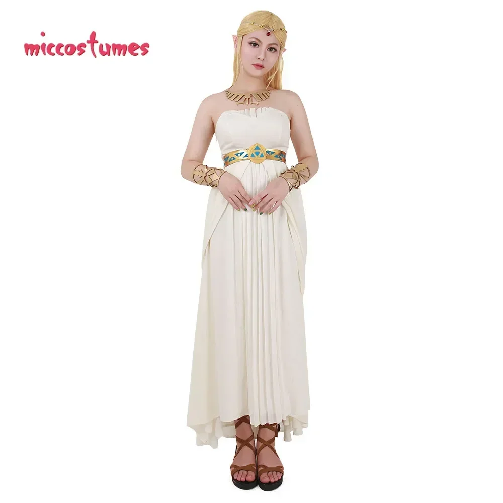 Miccostumes Women's White Dress Princess Cosplay Costume Strapless Empire Waist Ruffled Chiffon Party Wedding Dress image 2