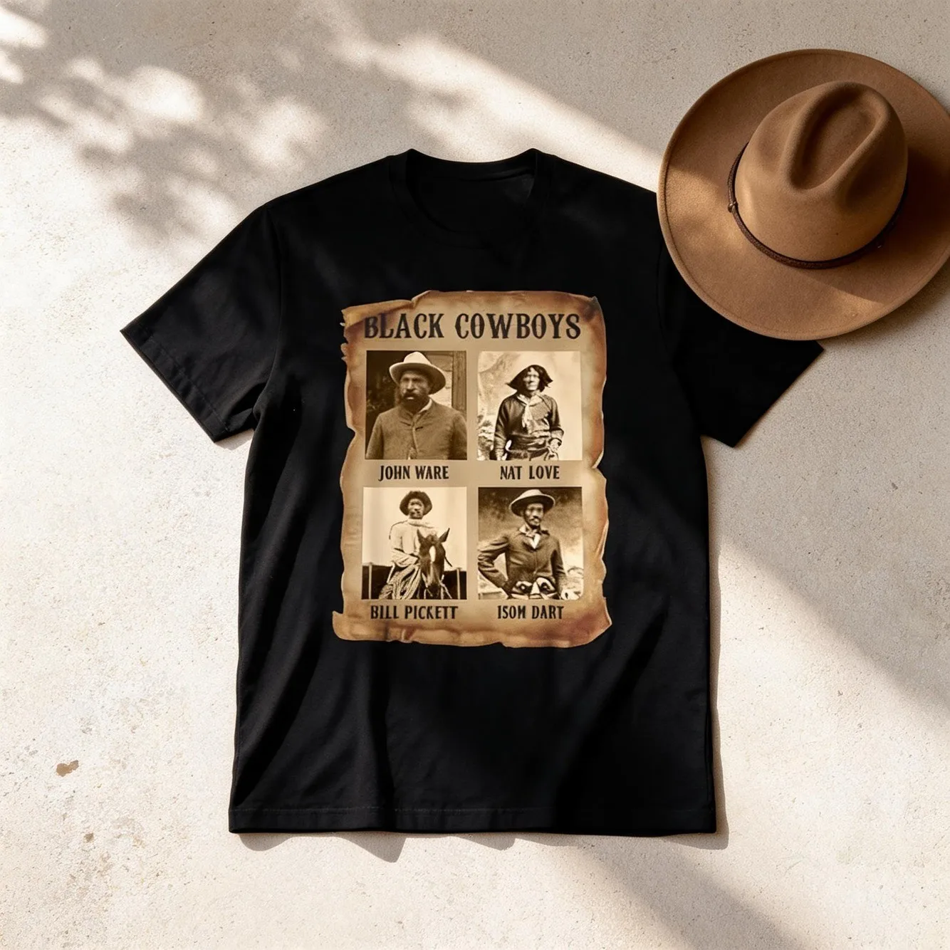 Vintage Inspired Mens Plus Size Black T Shirt Featuring Design With Historic Photographs Of John Ware And Text Casual Crew Neck For Western Enthusiasts And History