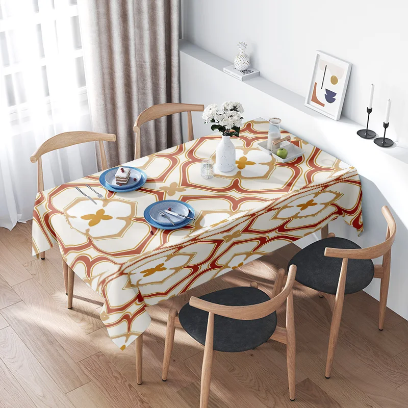 

Modern Nordic Dining Tablecloth: White Floral Print with Gold Accents Rectangular Polyester Table Cover for Kitchen Decor