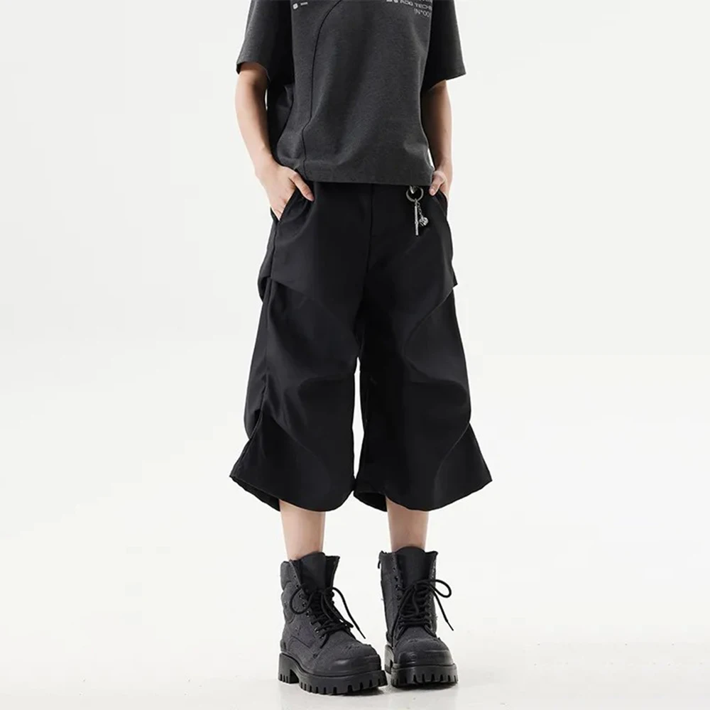 American Street Fashion Pleated Casual Y2k Shorts Unisex 2025 Summer New Niche Loose Wide-Leg Straight-Leg Cropped Pants For Men