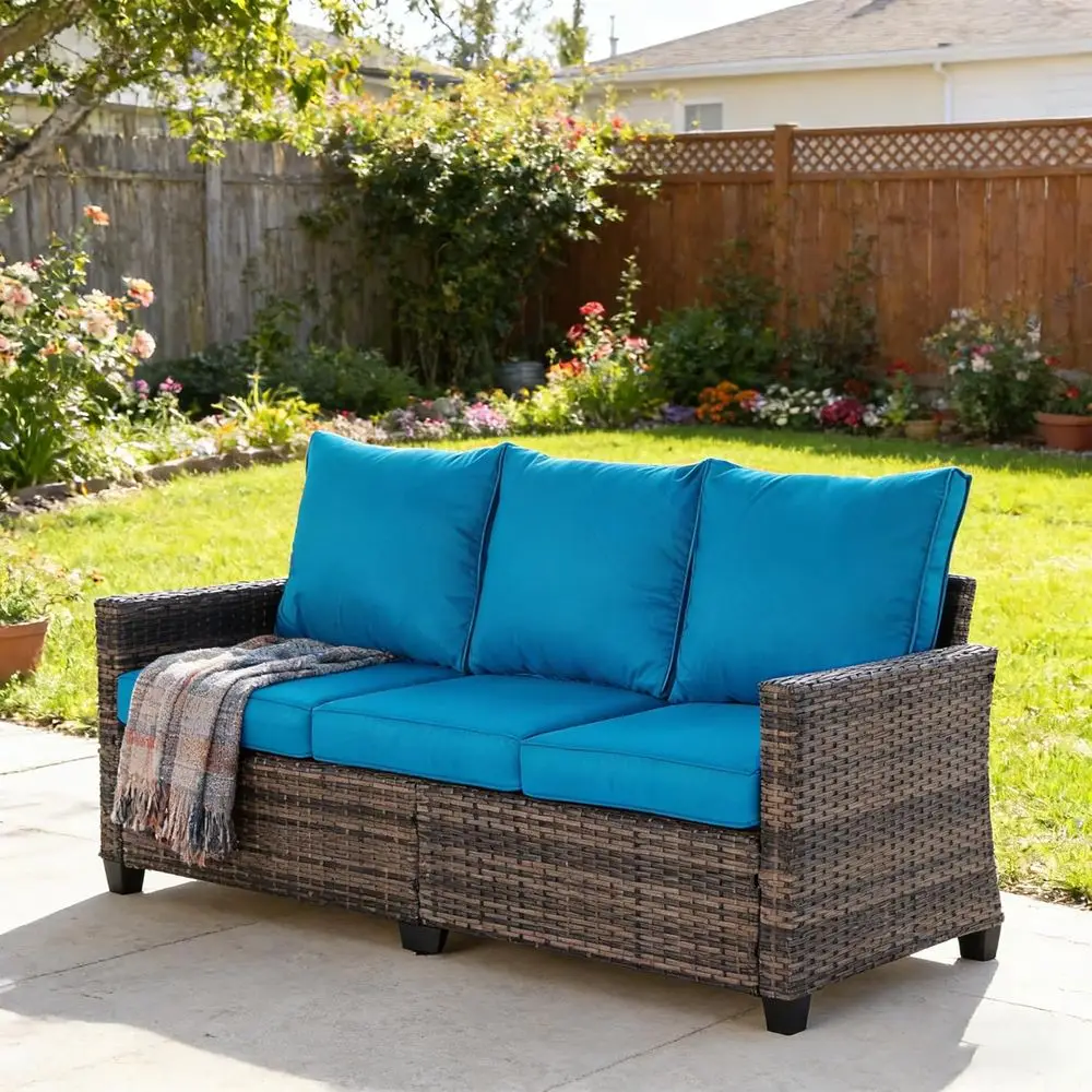 

3-Seat All-Weather Outdoor Couch with Peacock Blue Cushions, High Curved Back, Black and Brown Wicker for Backyard, Porch