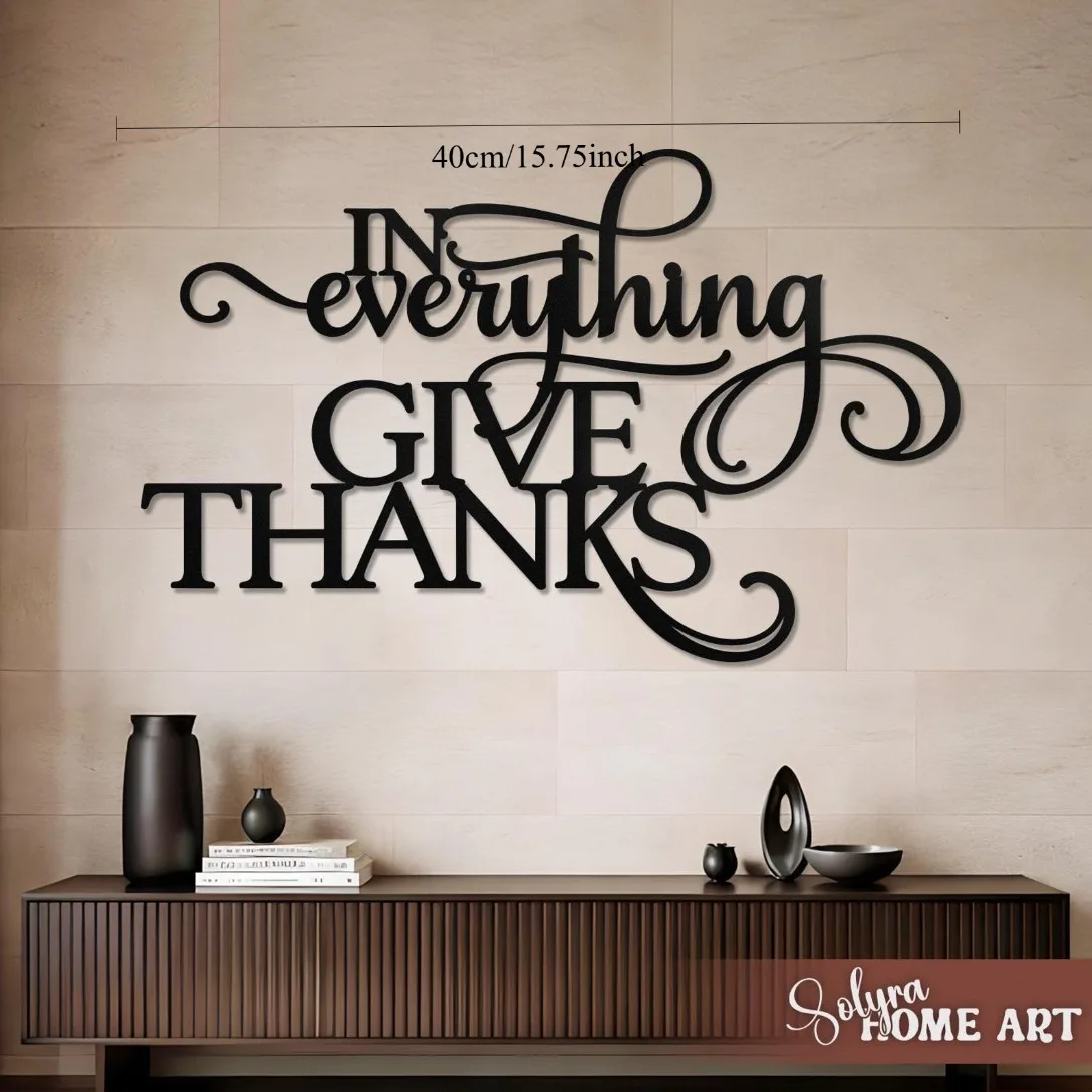 Give Thanks Cursive Letter Metal Wall Art, Rustic Black Iron Inspirational Sign for Farmhouse Living Room Bedroom Entryway Decor