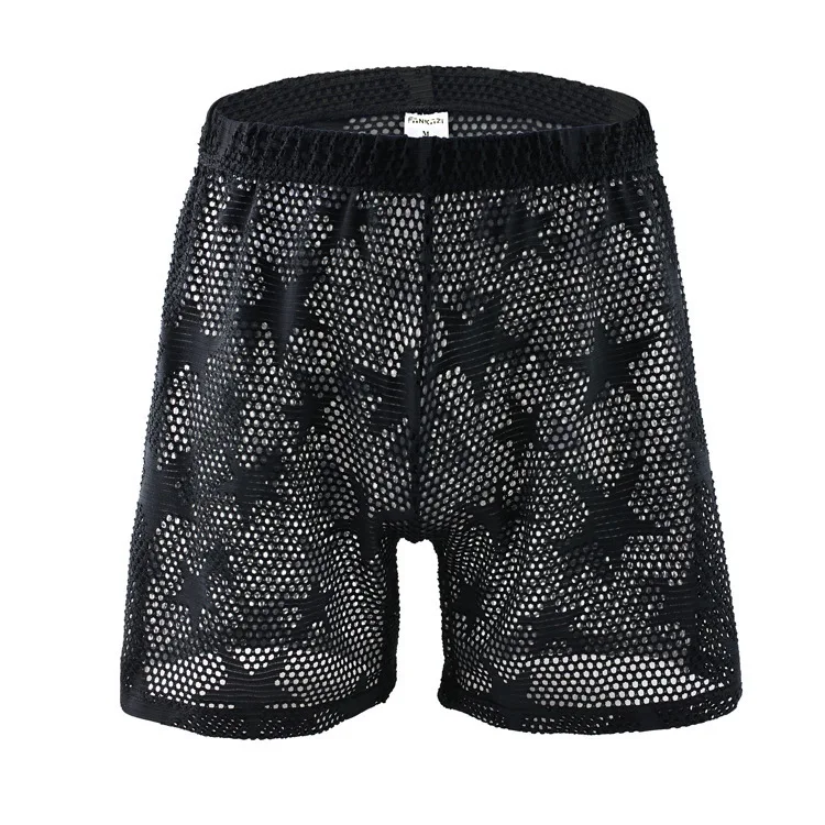 Men Star Mesh Lounge Shorts Hollow See Through Loose Mid Thigh Sleep Pants Japanese Style Breathable Male Home Wear