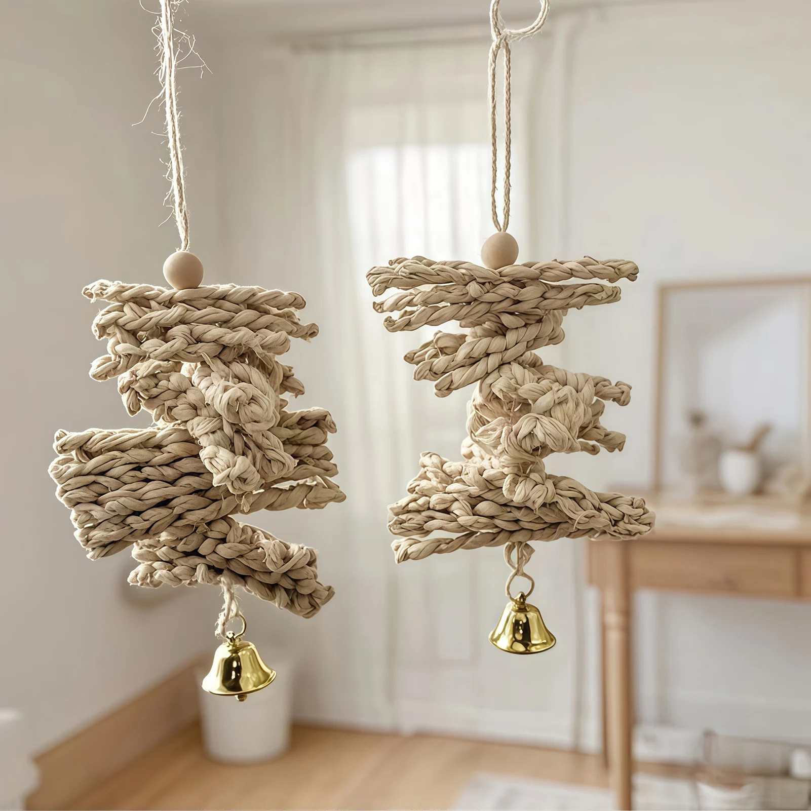 Parrot Chew Toy Natural Corn Husk Braided Bird Toys Teething Bell String Toys For Pet Birds Entertainment And Anxiety Relief