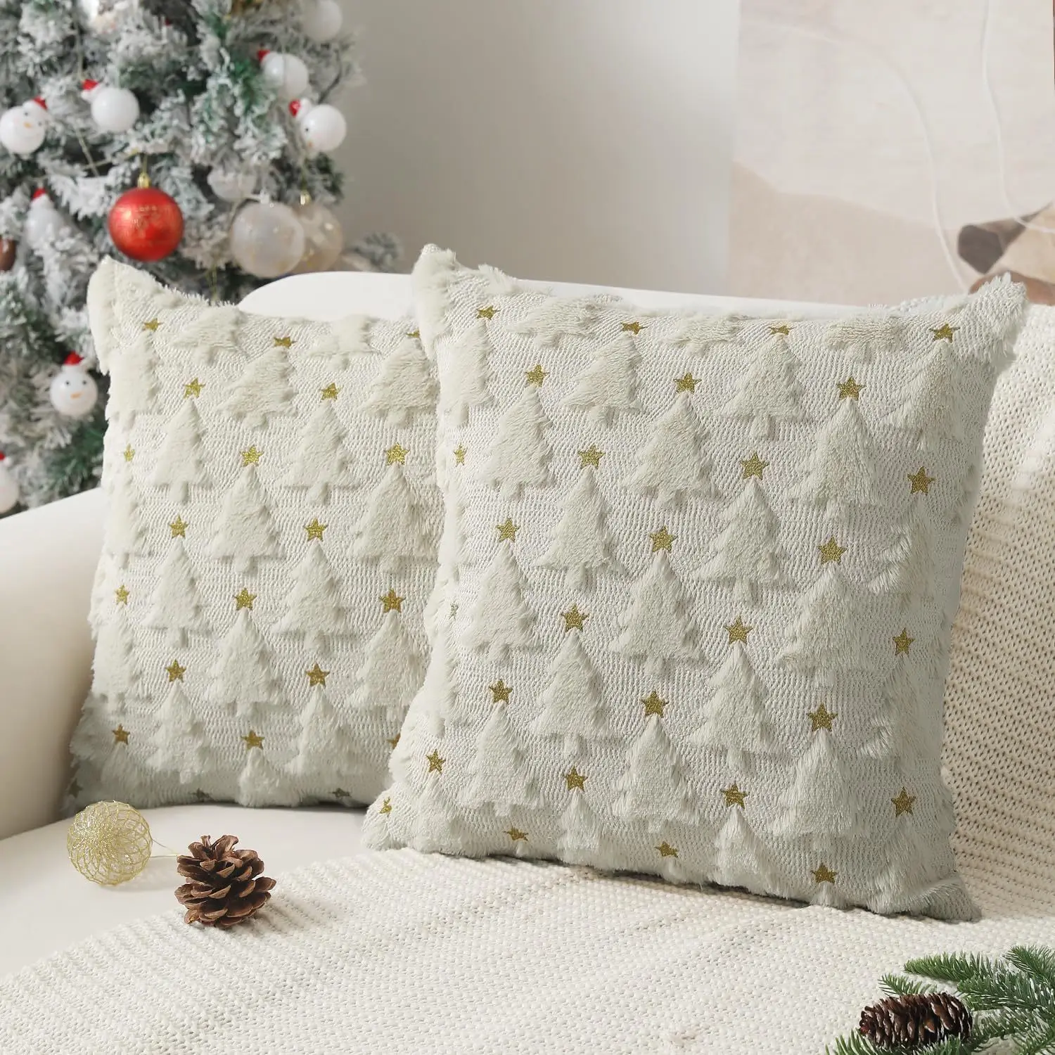 Christmas Pillow Cover Cute White Ghost Spooky Square Throw Pillows Soft Plush Faux Fur Fall Decorative Cushion Covers for Couch