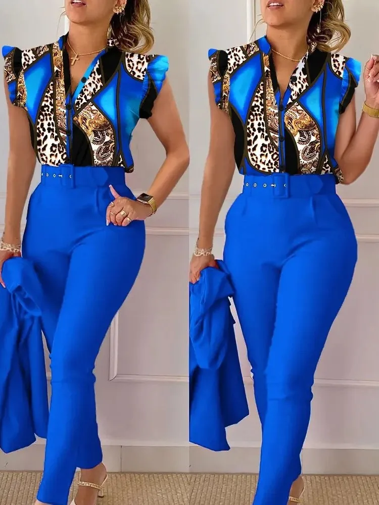 Elegant Womens Slim Two-Piece Sets Summer Fashion Print V Neck Button Flying Sleeve Shirt Top & Solid Long Pants Suits With Belt