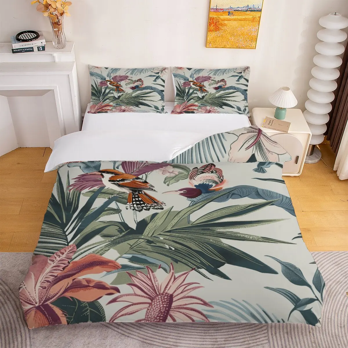 Tropical bird  Down comforter set, extra large size  Pink flowers  Room decoration bedding set