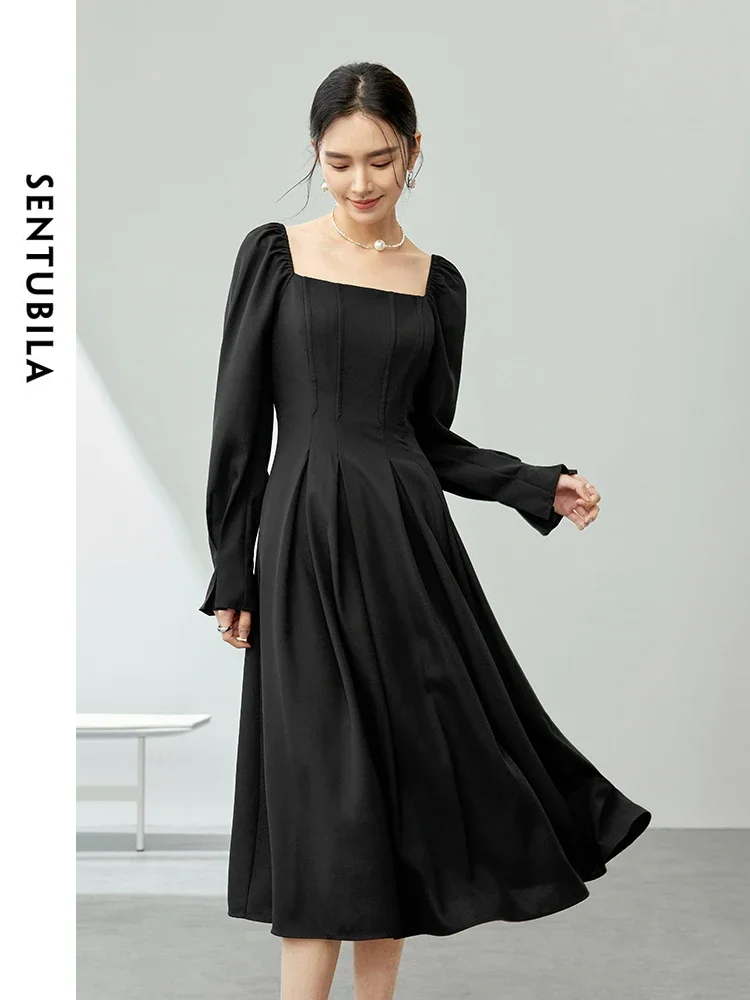 

SENTUBILA Square Neck Elegant Dresses for Women 2024 Spring Autumn Fashion Petal Sleeve Pleated Midi Dresses Female 141L53496