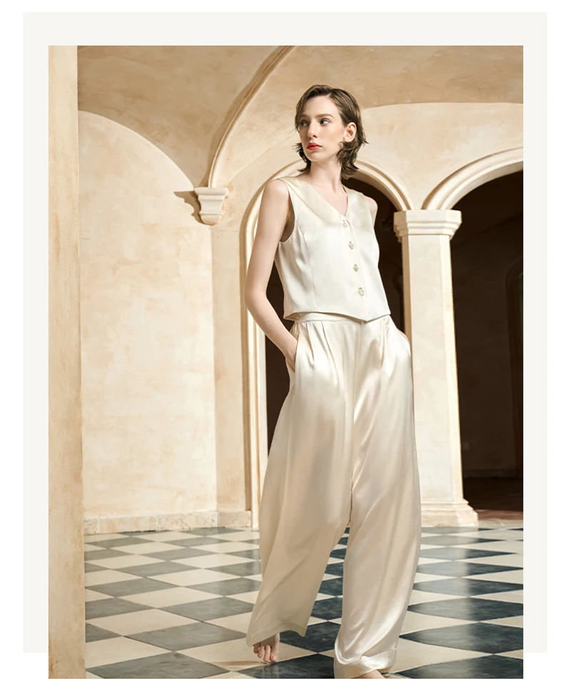 高級マルベリーシルク レディース セット シャンパンカラー シルク 100% チョッキ パンツ 2 枚 ホリデー カジュアル リラックス コンフォート セット