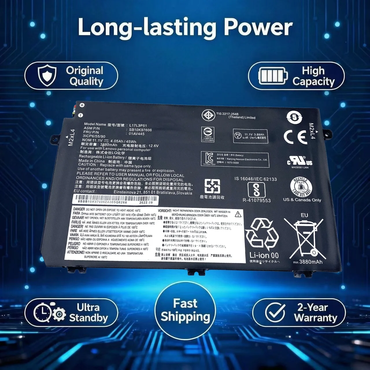 

Original L17M3P51 Laptop Battery For Lenovo ThinkPad E14 E15 E480 E485 E495 E580 E585 E490 E590 E595 01AV445 L17M3P52 SB10K79606