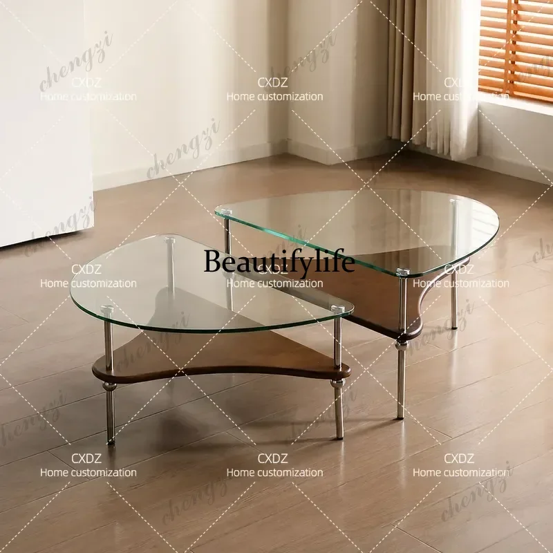 Stainless steel silver wing combination coffee table simple double glass coffee table living room art low table small