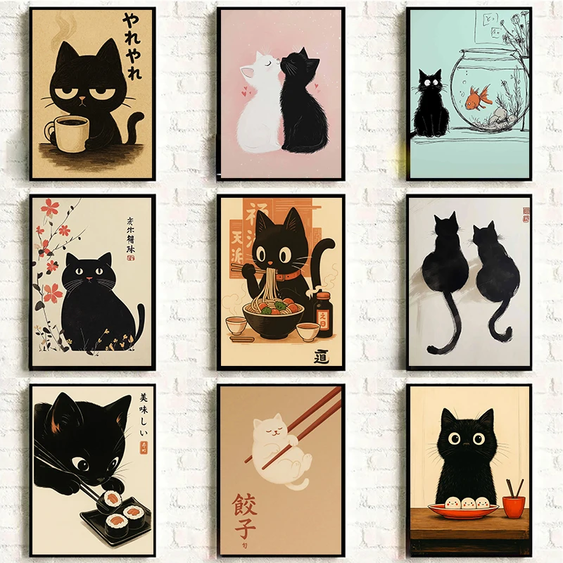 Vintage Japanese Espresso Sushi Ramen Black Cat Kitchen Food Illustration Poster Canvas Painting Wall Pictures Home Decor