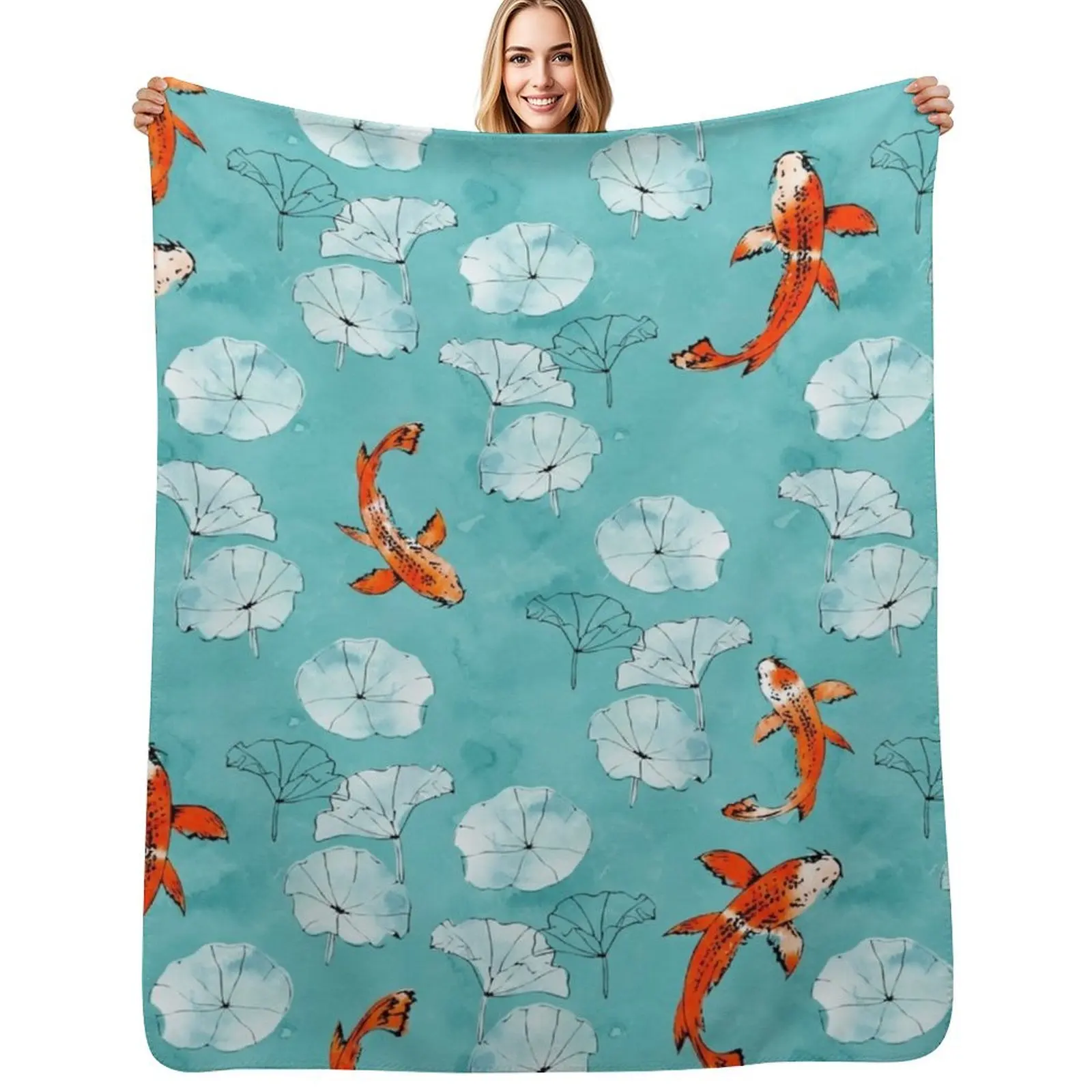 Waterlily koi in turquoise Throw Blanket Travel Personalized Gift Sofa Quilt Designers Soft Plush Plaid Sofa Throw Blankets