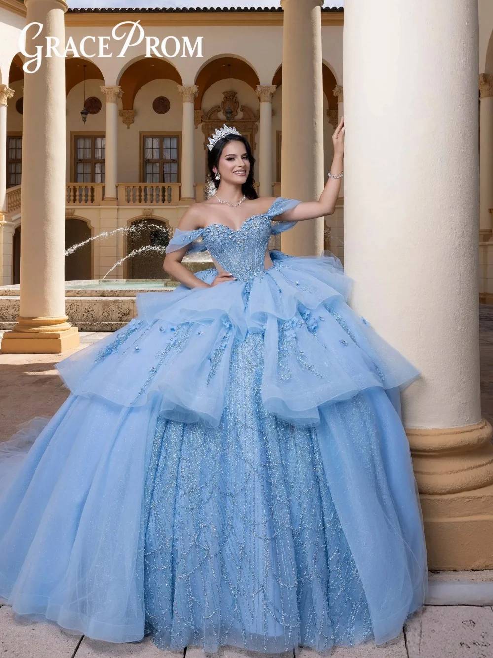 Eleganckie błękitne suknie balowe z aplikacjami, sukienki Quinceanera dla dziewcząt, z odkrytymi ramionami, z kwiatowymi aplikacjami 3D, gorsetowe, sznurowane Vestidos De Quince