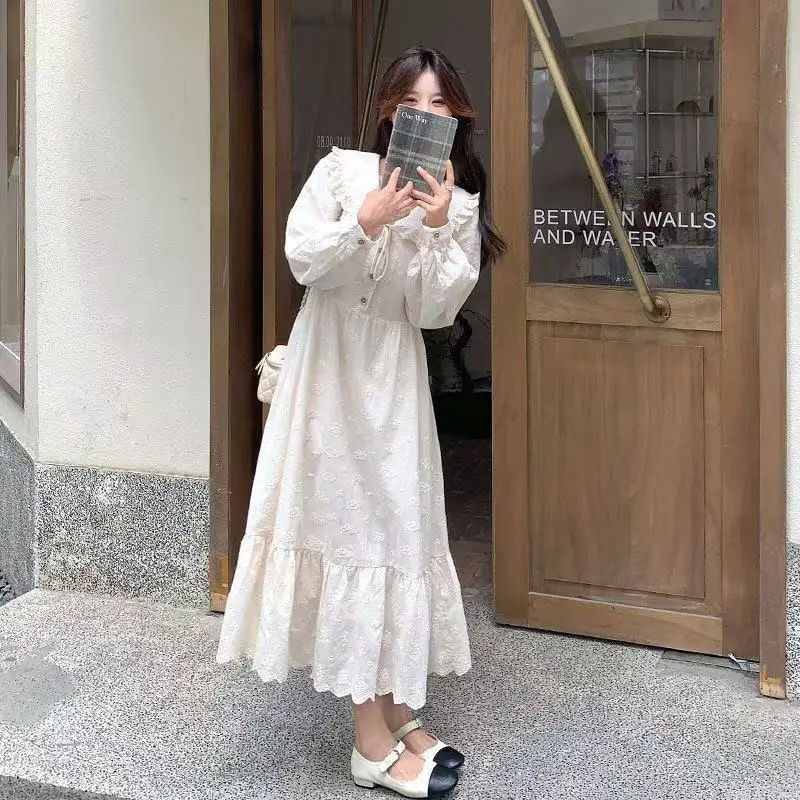 Plus Size 5XL 140KG Autumn Long Lace Dress Long Sleeve Peter Pan Collar Loose Waist Female Oversized Party Evening Dress
