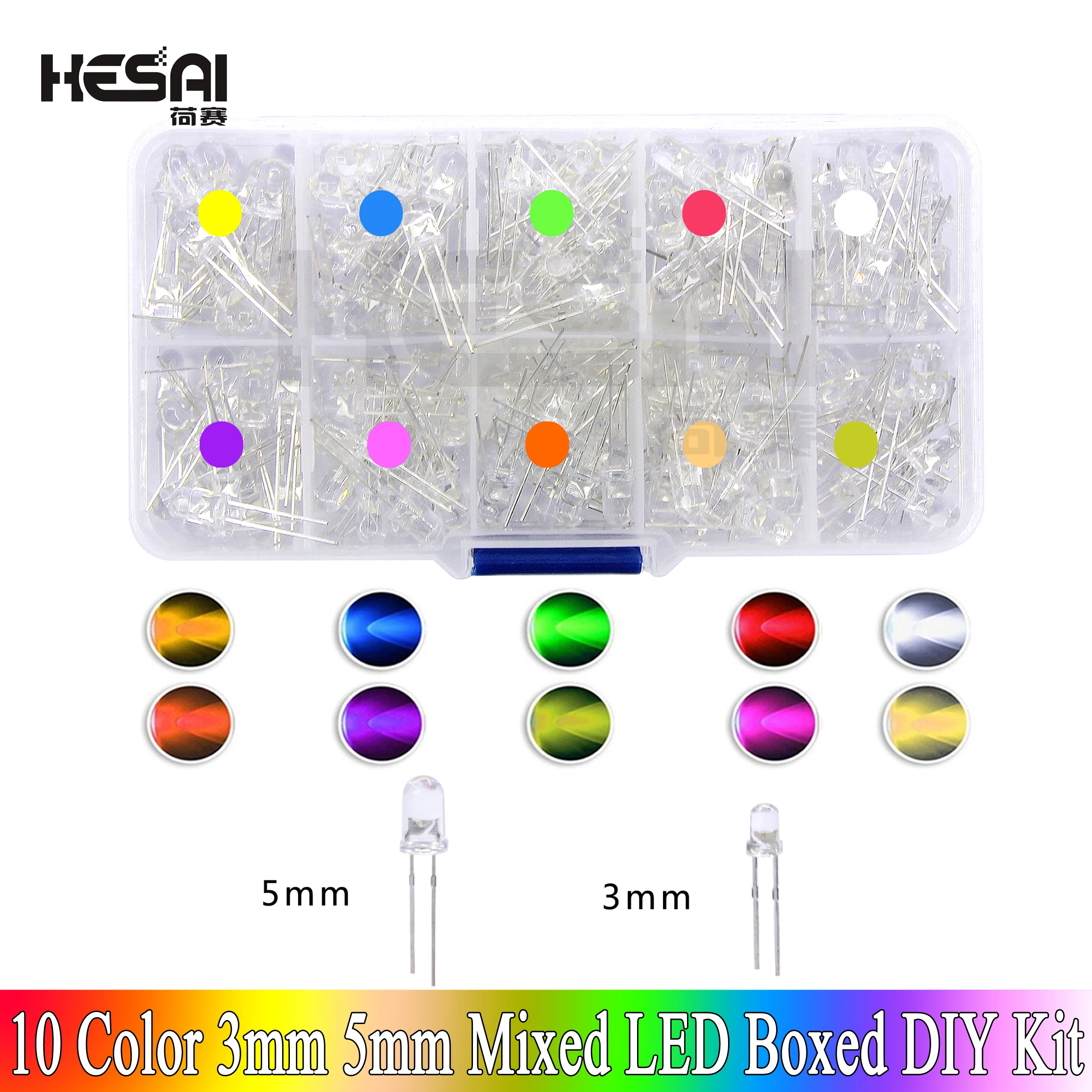 3mm 5mm LED Diode Assorted Kit White Green Red Blue Yellow Orange F3 F5 Light Emitting DIY LED Lights Diodes Electronic Kit