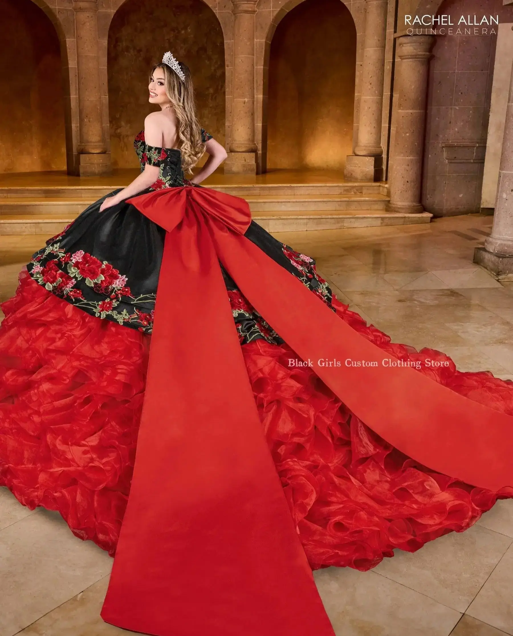 Mexican Princess Quinceanera Dresses Red Strapless Poncho 3D Floral Embroidered Boned Bodice Lace Ruffles Bow Tie فساتين سهره