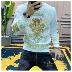 Men's Fashion New Style Trendy Men's sequined Embroidered Long Sleeve Sweatshirt Round Neck Bottom T-shirt