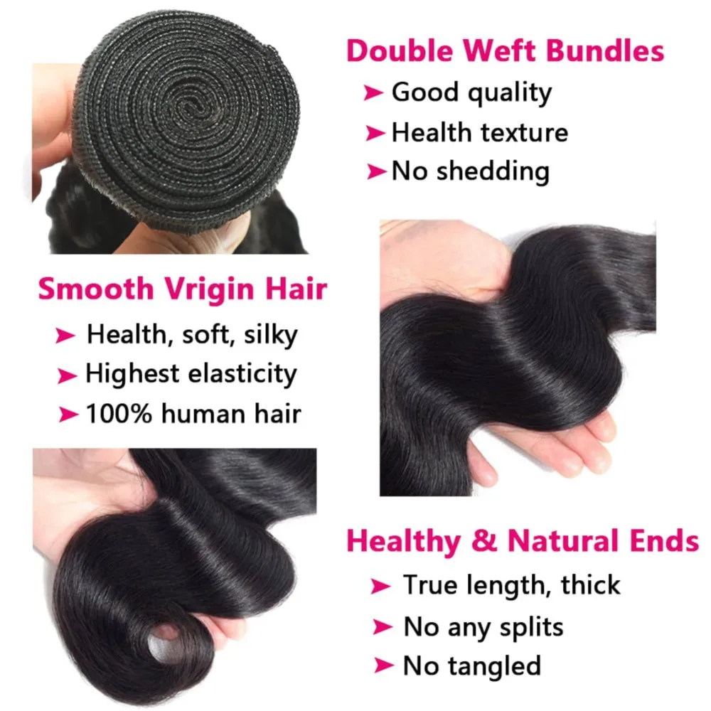 Bundles brésiliens de cheveux humains Body Wave avec dentelle 13x4, Frmetals, Natural Black, # 1B, Extensions de cheveux avec fermeture, 26, 28, 30 amaran