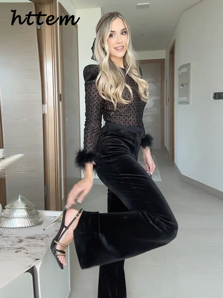 

Elegant Velvet Feather Decor Jumpsuits Women Slim Shoulder Pads Long Sleeve Belt High Waist Jumpsuit 2024 Lady Chic Party Romper