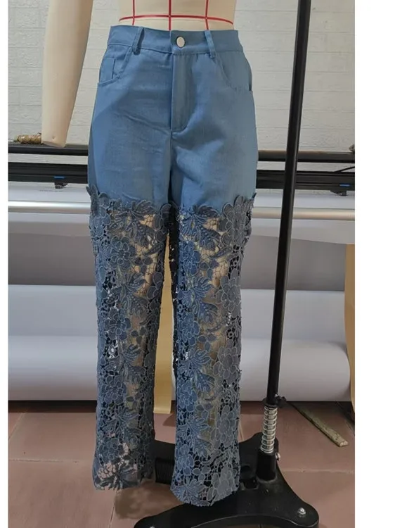 Hoge taille kant uitgehold denim wijde pijpen broek dames casual heldere pailletten rits lange broek blauwe jeans