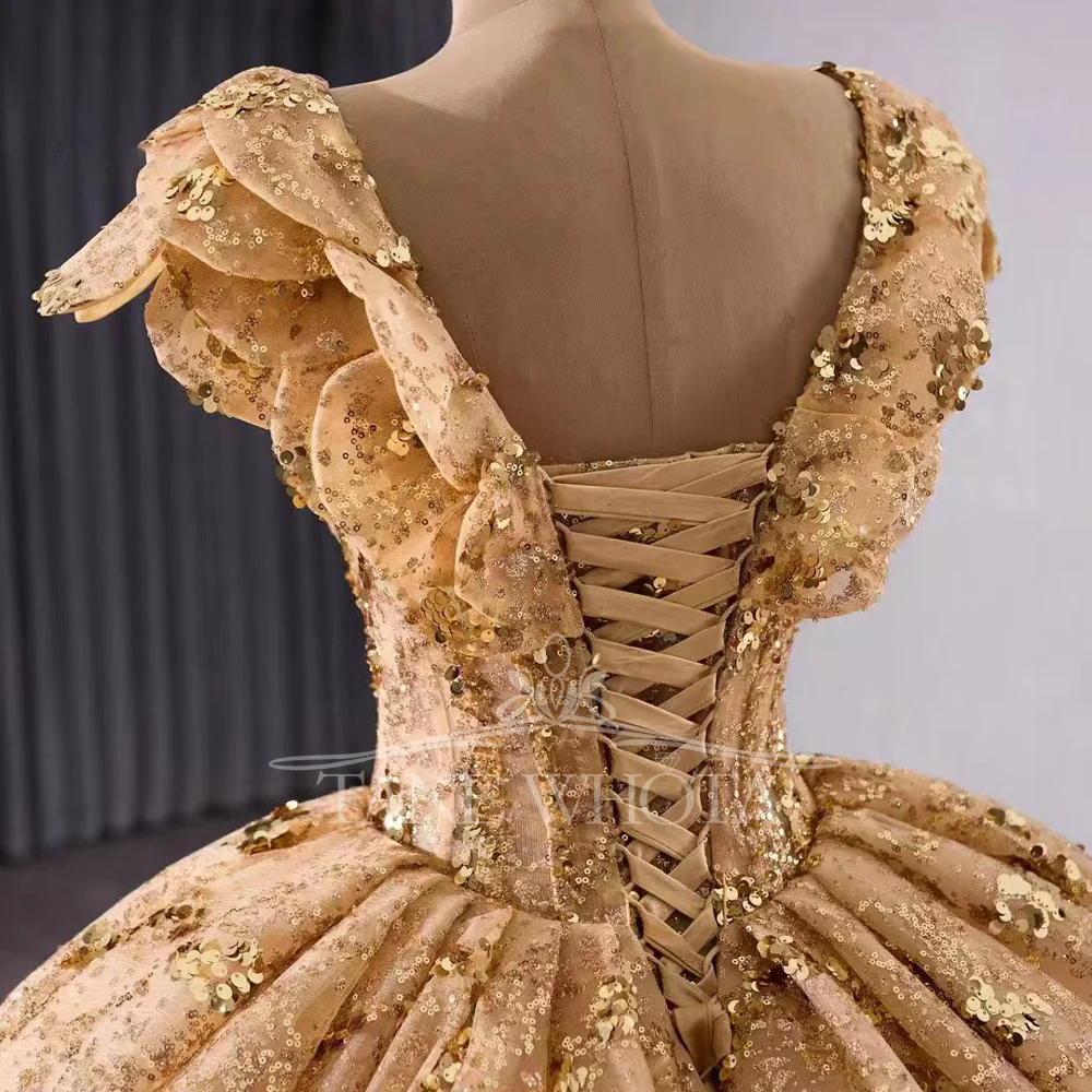 Luxury Gold Long Evening Dress V-Neck Cap Sleeve Sequined Customizable Gown For Women Elegant Suknie Wieczorowe