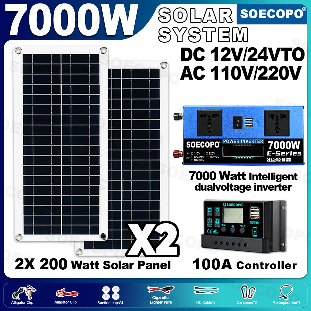 SOECOPO 7000W Solar Power System Kit 12V 24V To 110V 220V 2 Socket Inverter 2×200W Panels 100A Controller for Home Camping