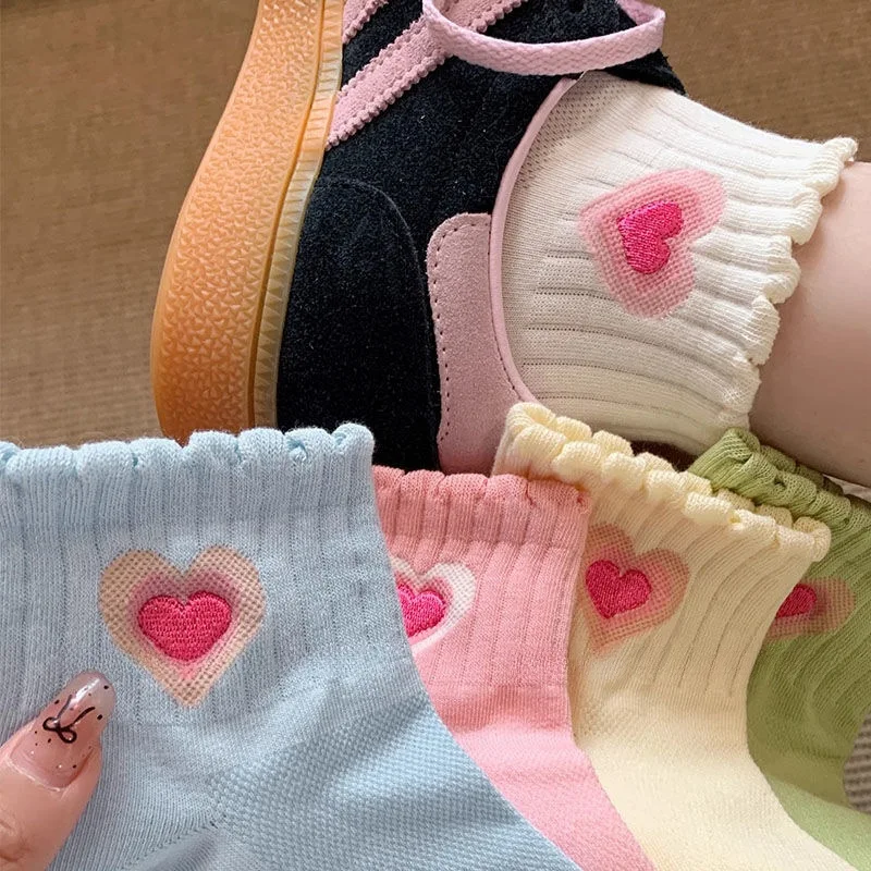 1/4 Pairs Summer Colorful Dopamine Love Socks Short Tube Socks Spring Candy Colorful Lace Girl Sweet Beauty Style Short Socks
