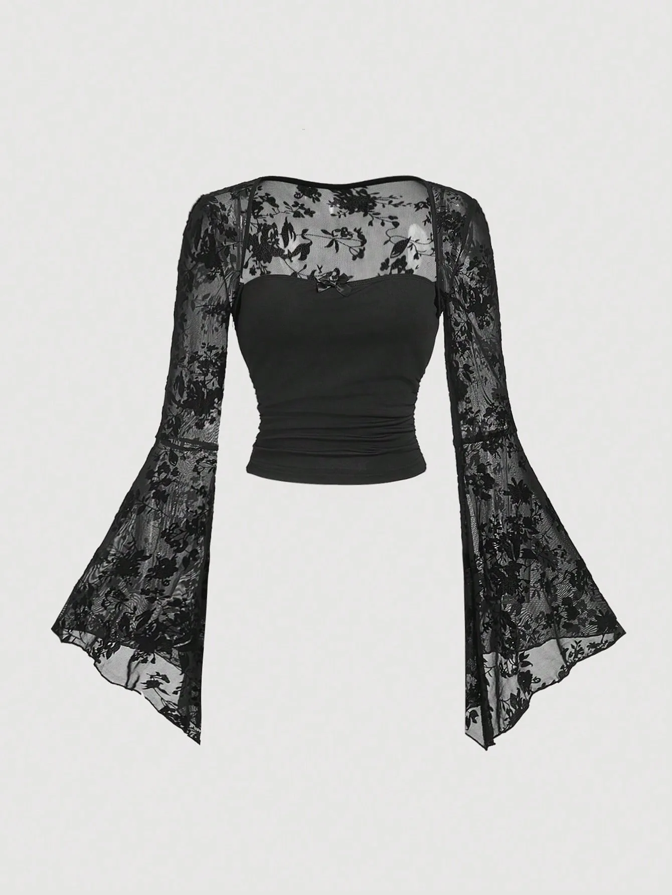 Gothic Sexy Spitzen-Mesh Langarm-Oberteil Y2K Vintage Schwarz Durchsichtige Überzüge T-Shirts Grunge Sommer Damen Streetwear – Detail 2
