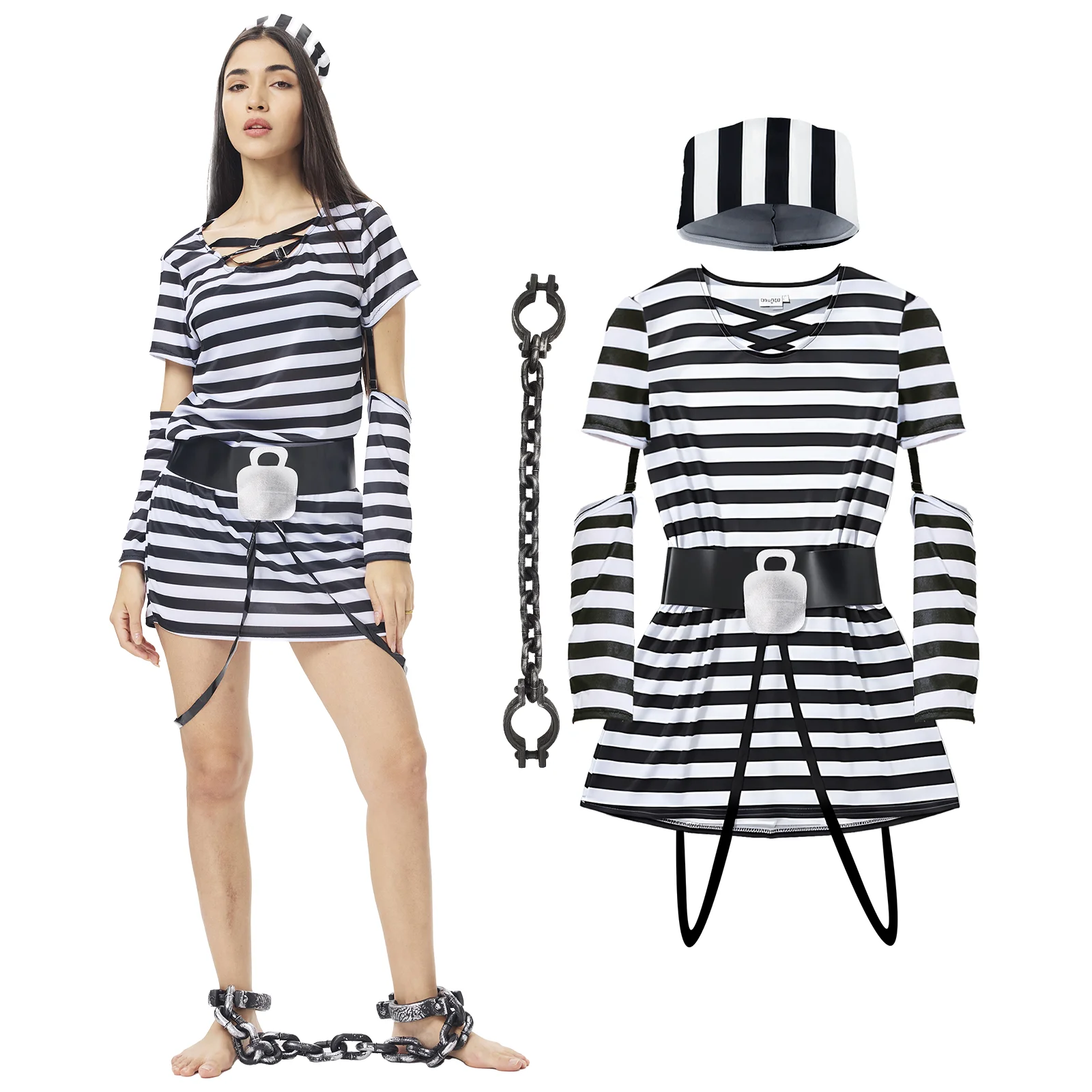 

Prisoner Costume Women Adult Jail Inmate Outfit With Hat Foot Cuffs Fancy Halloween Dress Up