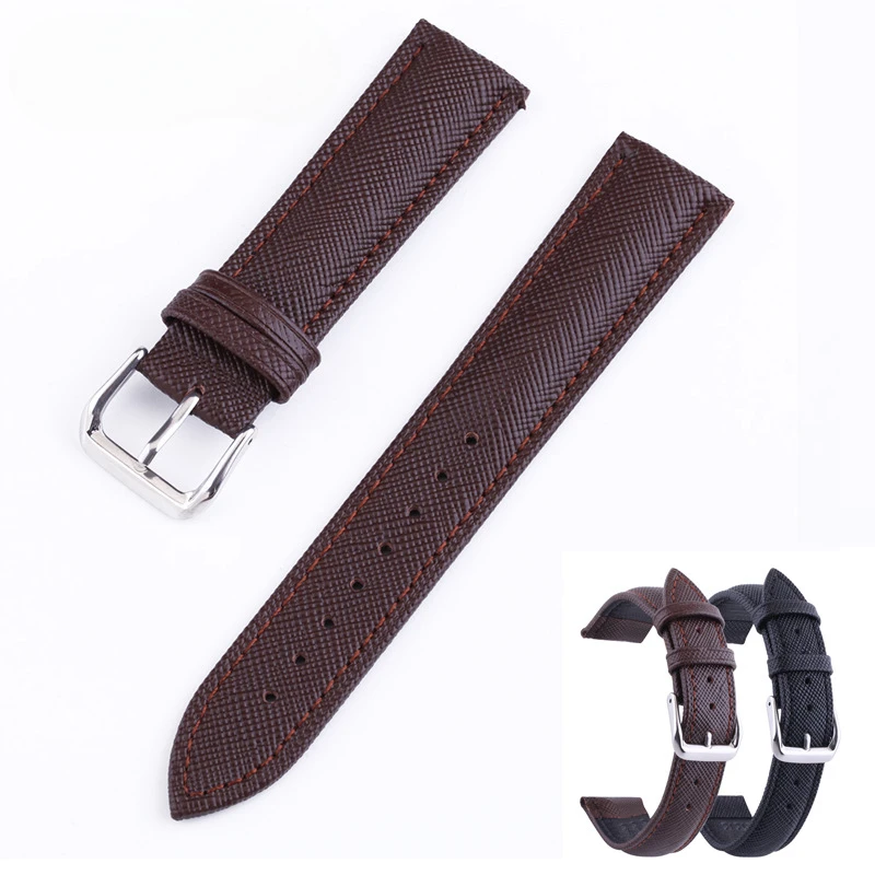 Watchband Pin Buckle Head Layer Calfskin Strap Cross Grain Spot 12~24 Brown