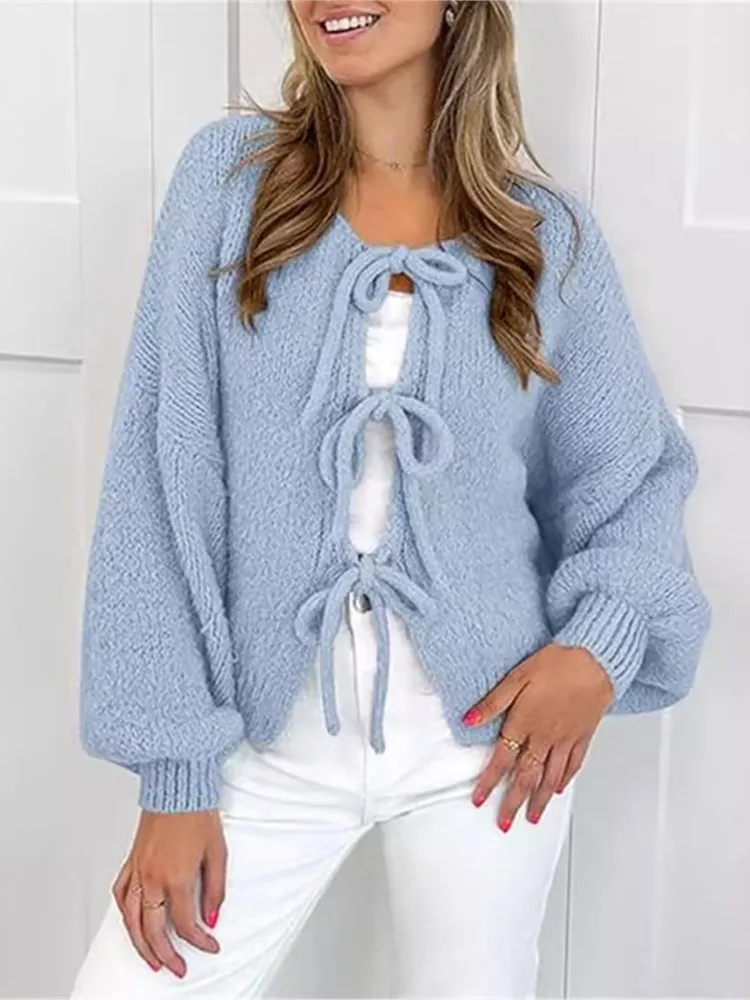 

Осень и зима, новый однотонный вязаный кардиган с галстуком и бантом, куртка, свитер, женский свободный универсальный свитер с v-образным вырезом и длинными рукавами