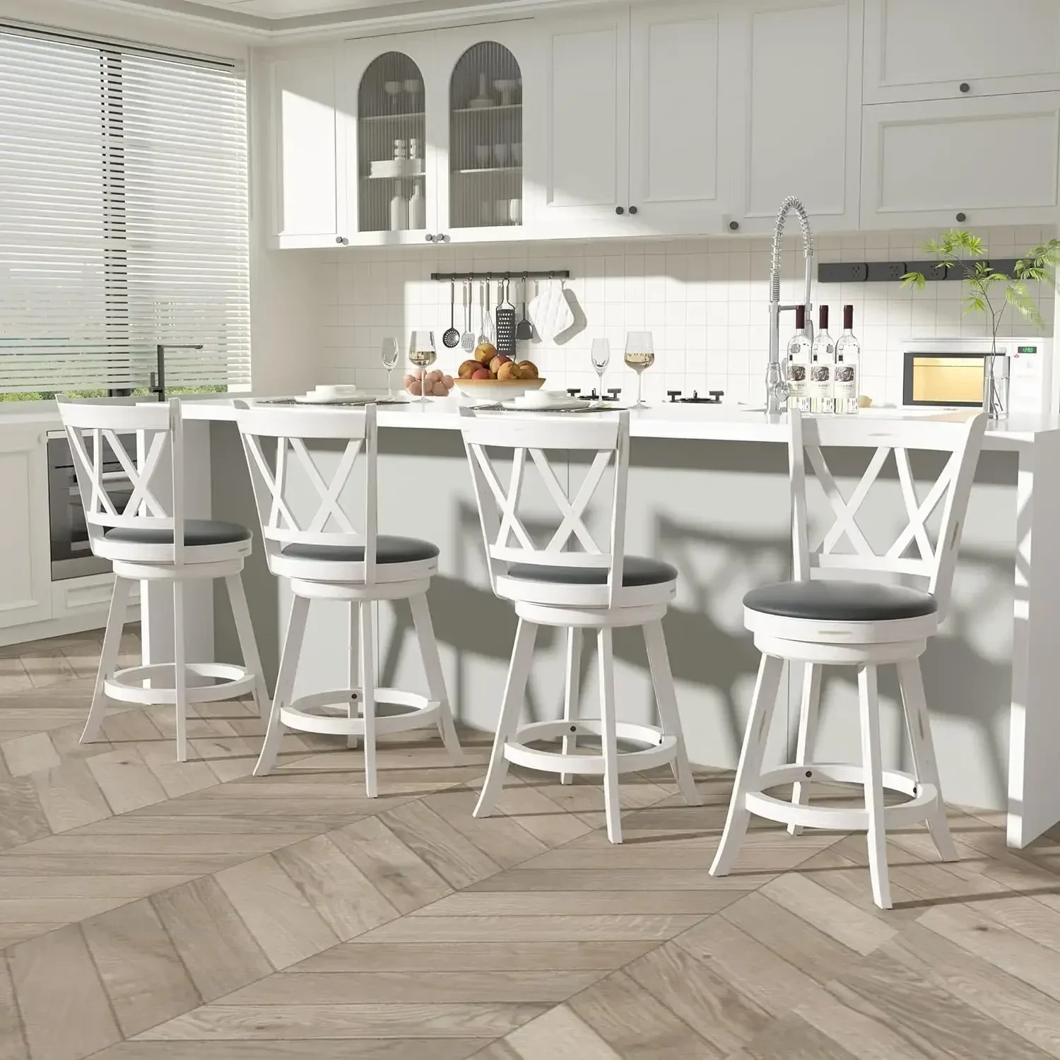 24" Counter Height Swivel Bar Stools - High Back Swivel Counter Stools with Upholstered Seat & Solid Wood Footrest, Counter Bar