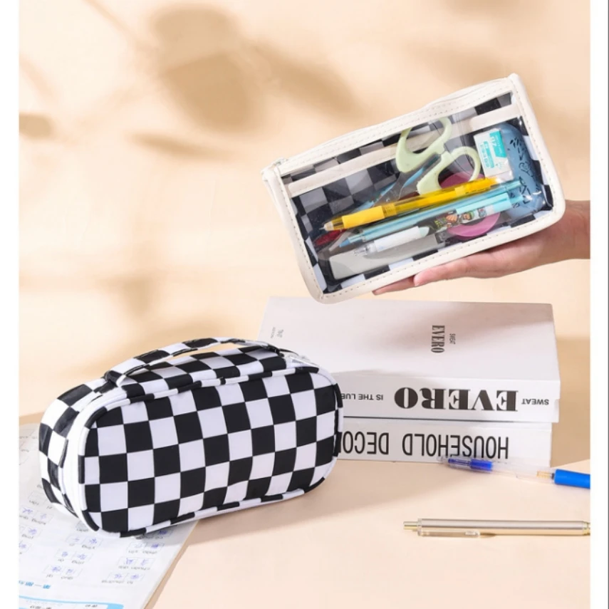 Pencil Case Piornik Etui Pencilscases Trousse Kalemlik Korean Stationery Black White Lattice Estuche Escolar Transparent Big Bag