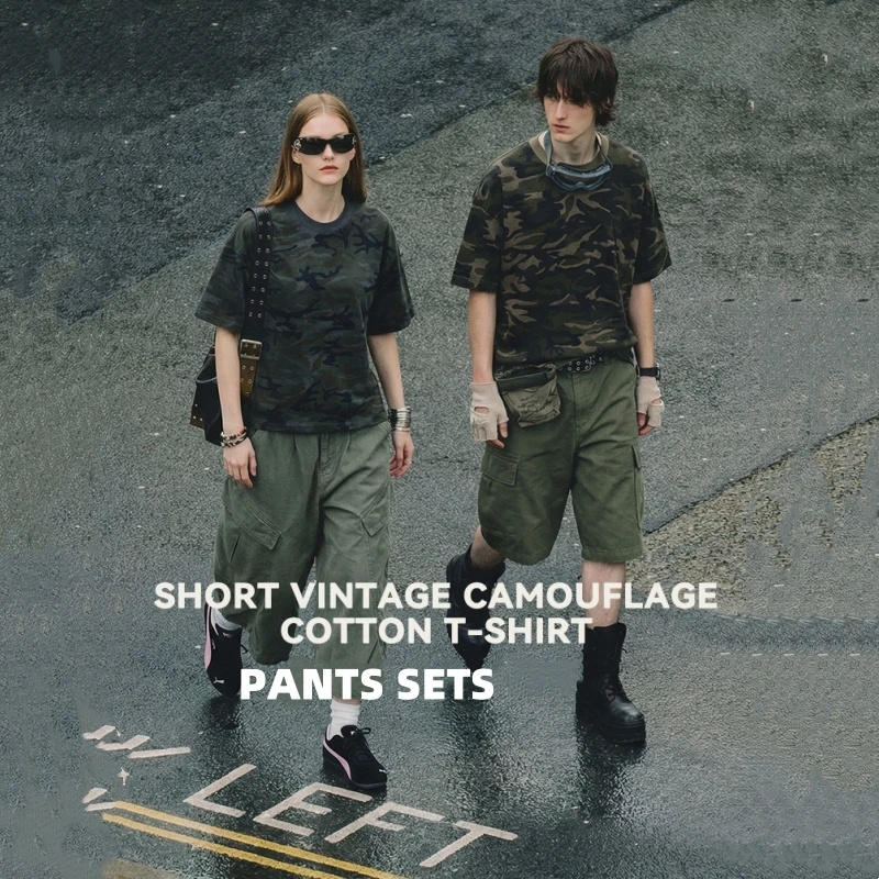 Youth Camouflage T-Shirts Sets Sportswear Casual Straight Loose Man's High Street Unisex Jean Shorts Tee Shirts Quality Clothing