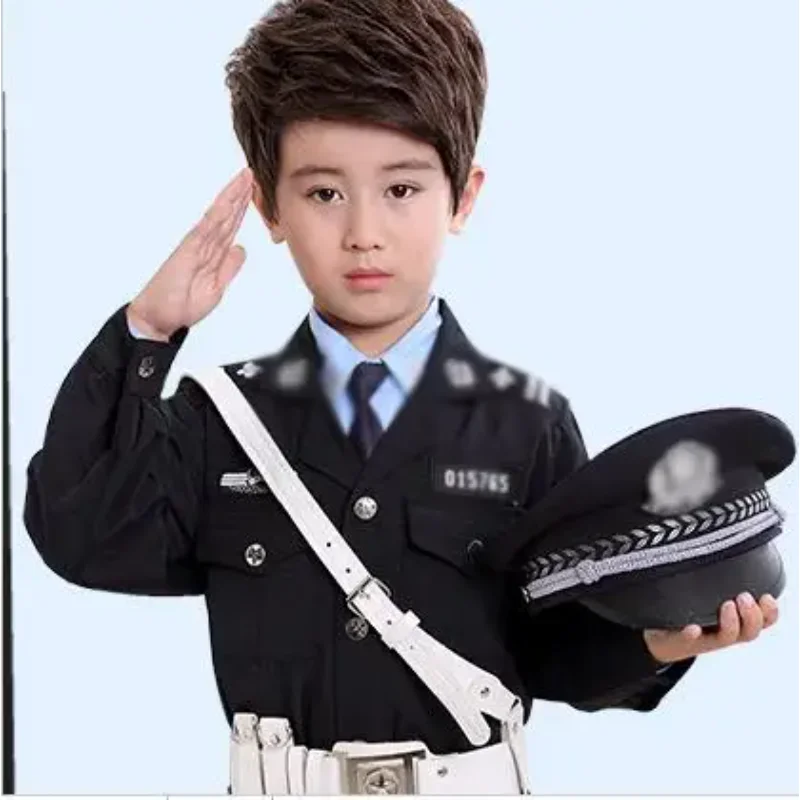 Police Uniform Boy Performance Clothing Include Jacket Pant  Belt Hat Traffic Cosplay Suit Spring