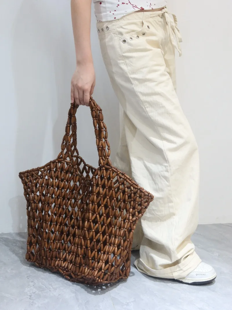 Handmade Woven Beaded Handbag For Women Exquisite Hollow-out Wooden Beaded Shoulder Bag Female Beach Bag