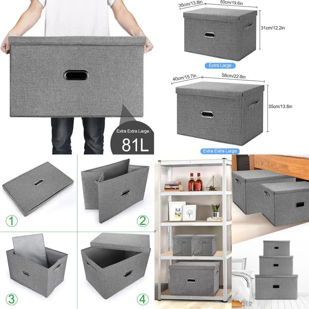 

Складные контейнеры для хранения кремового льна XXL со съемной крышкой и ручками, 2 упаковки для спальни и офиса